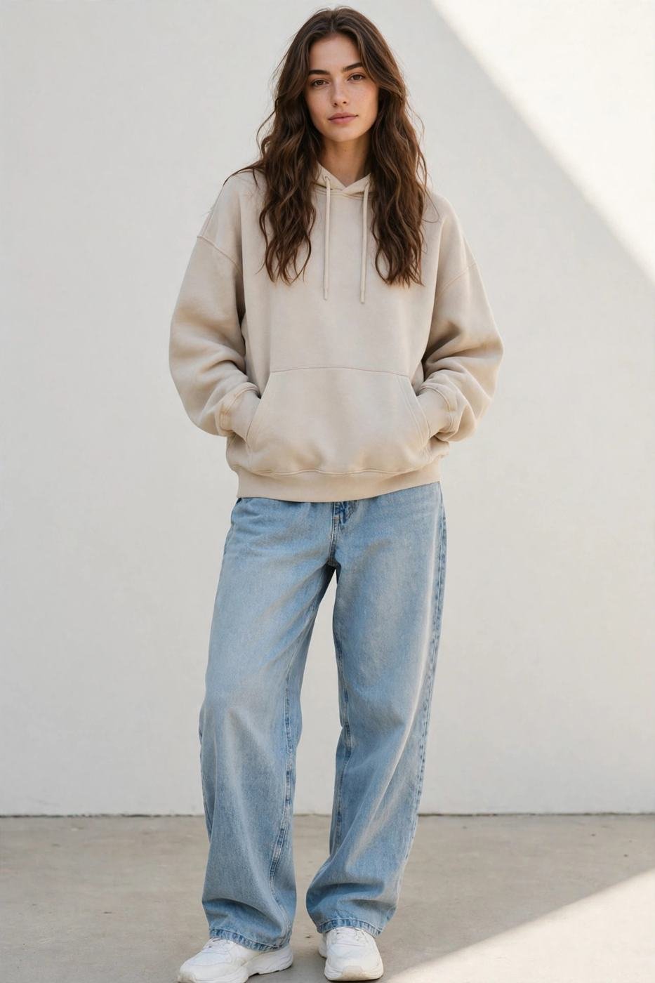 Light-wash baggy jeans with hoodie