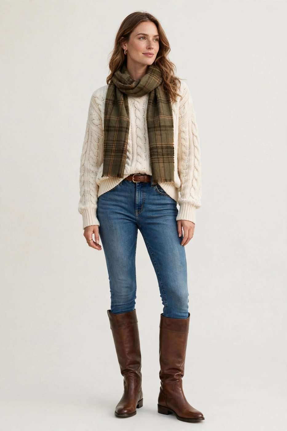 Medium-wash skinny jeans with knee-high boots