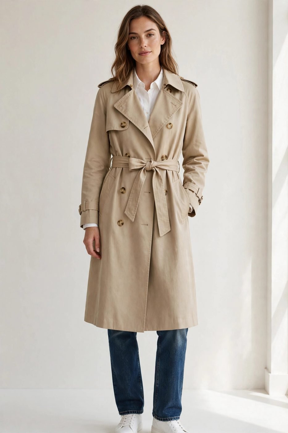 Dark-wash straight jeans with trench coat