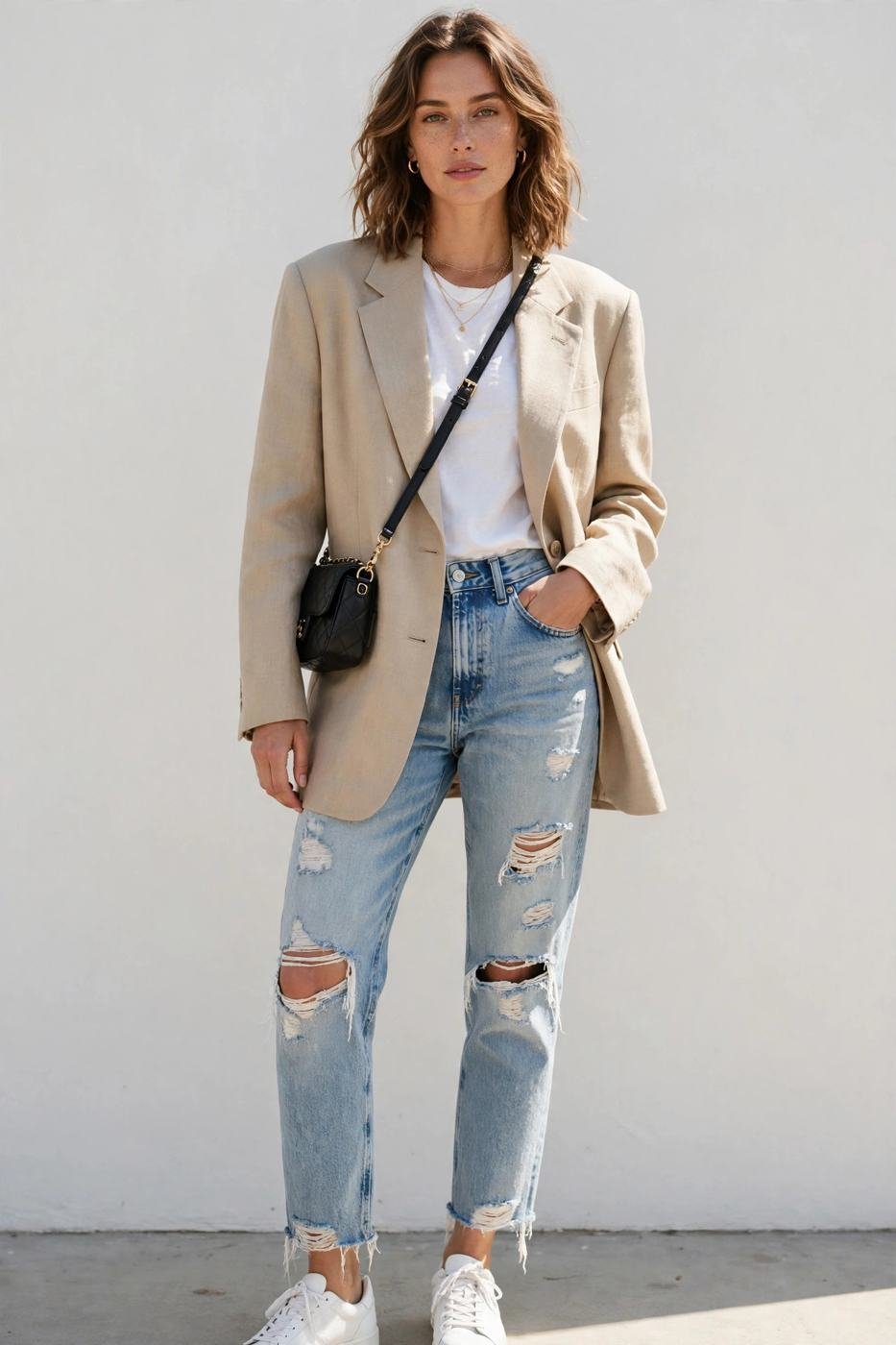 Ripped light-wash jeans with oversized blazer