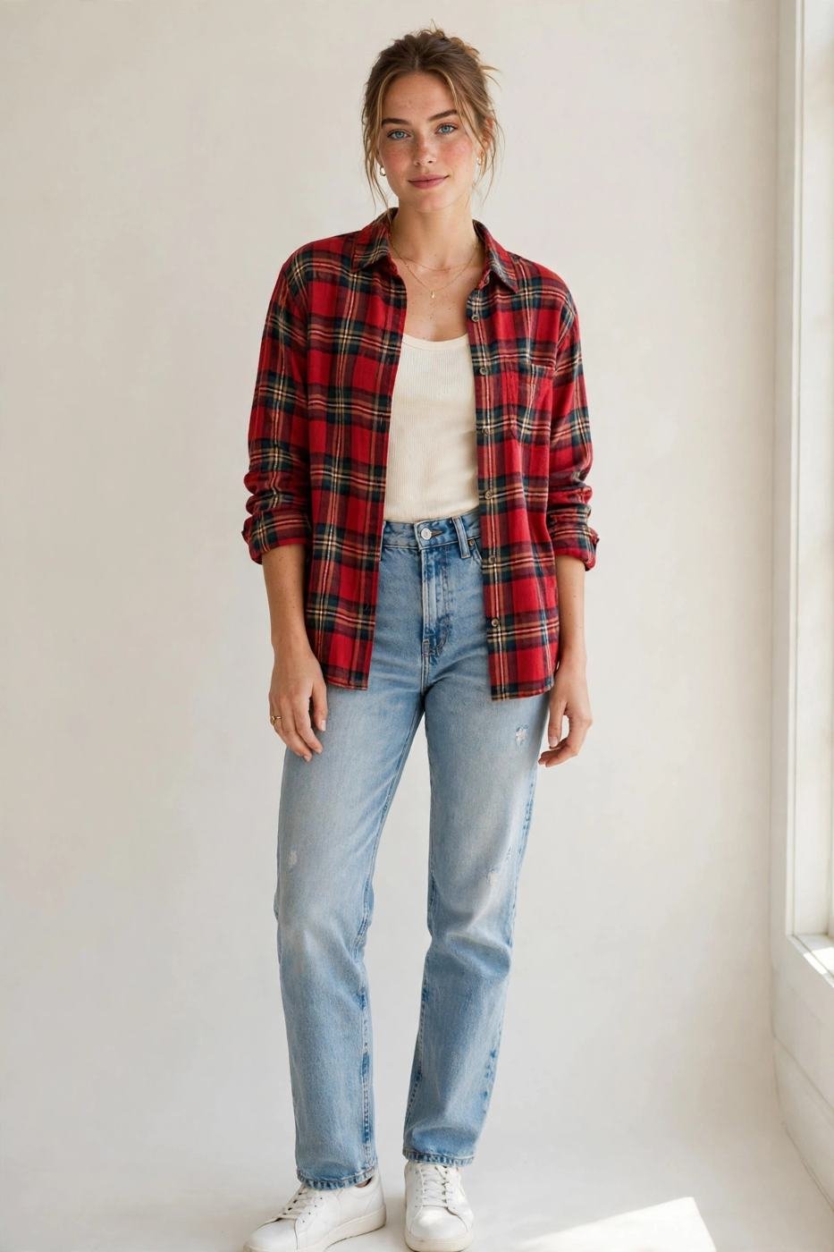 Light-wash jeans with flannel shirt