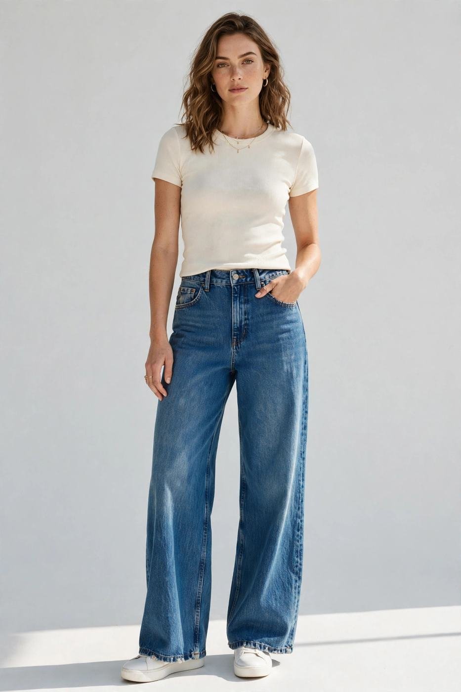 Wide-leg jeans with fitted tee