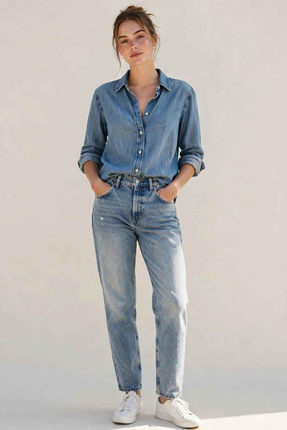 Faded jeans with chambray shirt