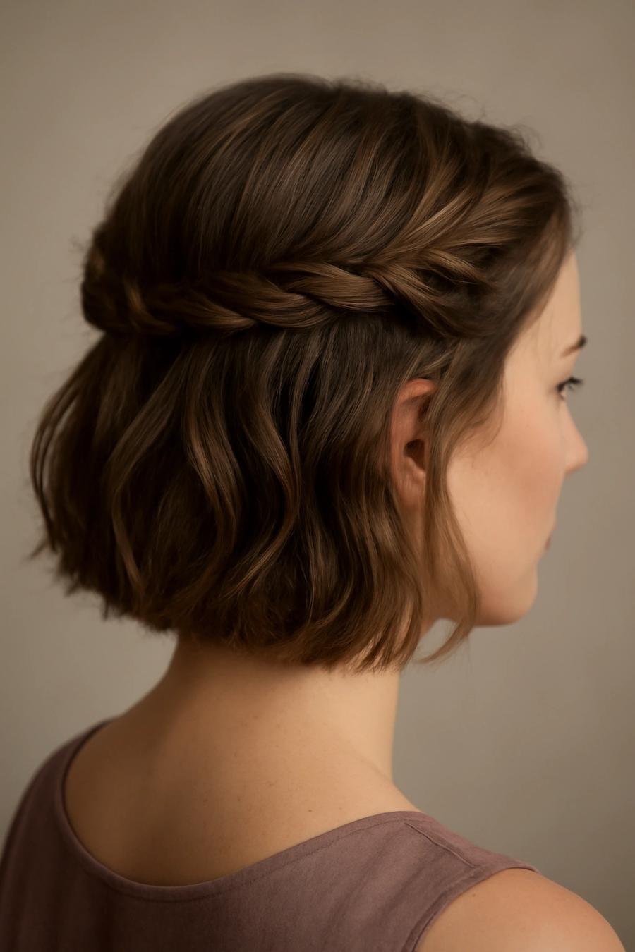 Short bob styled in a half-up twisted hairstyle