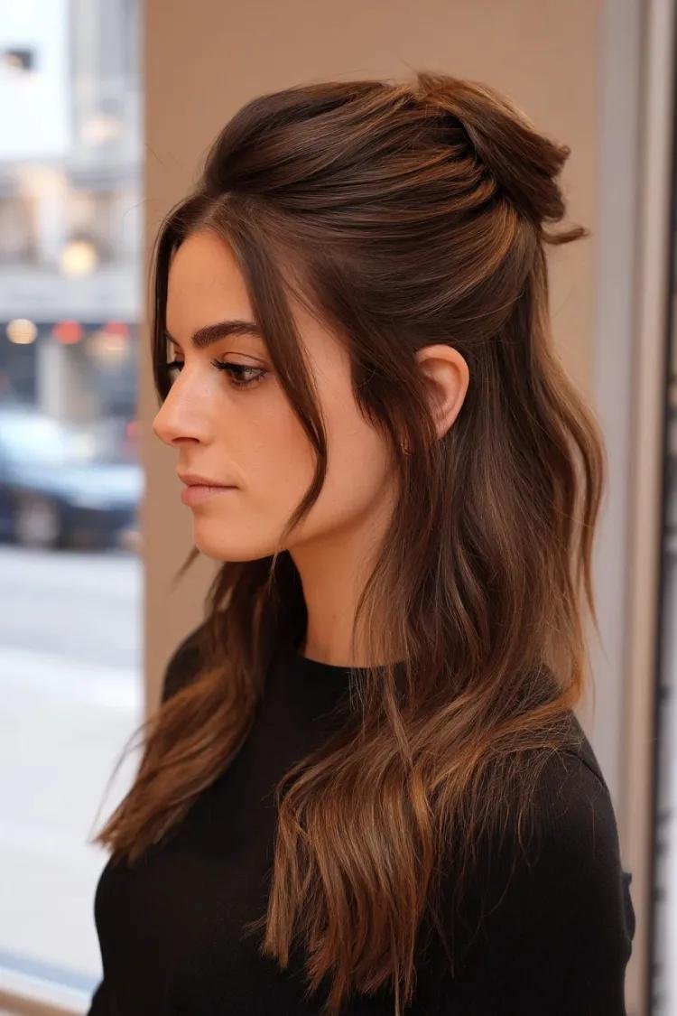 Half-up top knot hairstyle, cute and casual
