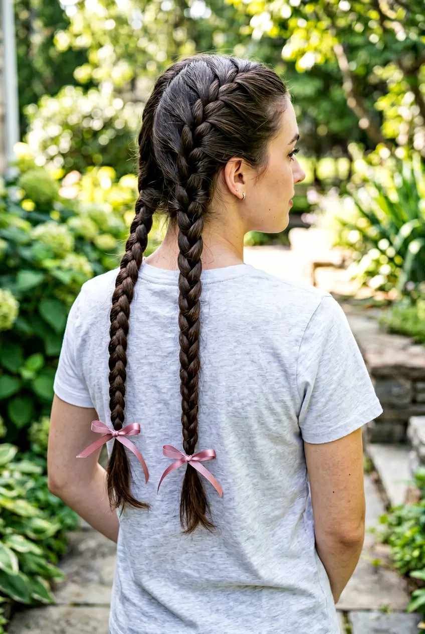 Pigtail braids tied with festive ribbons