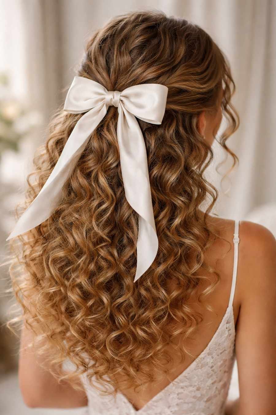 Curly half-up hairstyle with a velvet bow