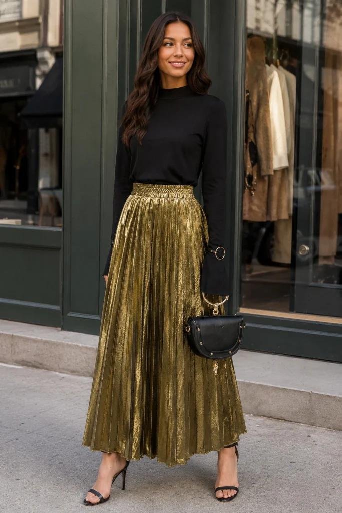 gold pleated skirt with black top