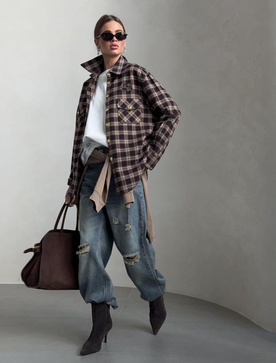 plaid shacket with white t-shirt and jeans