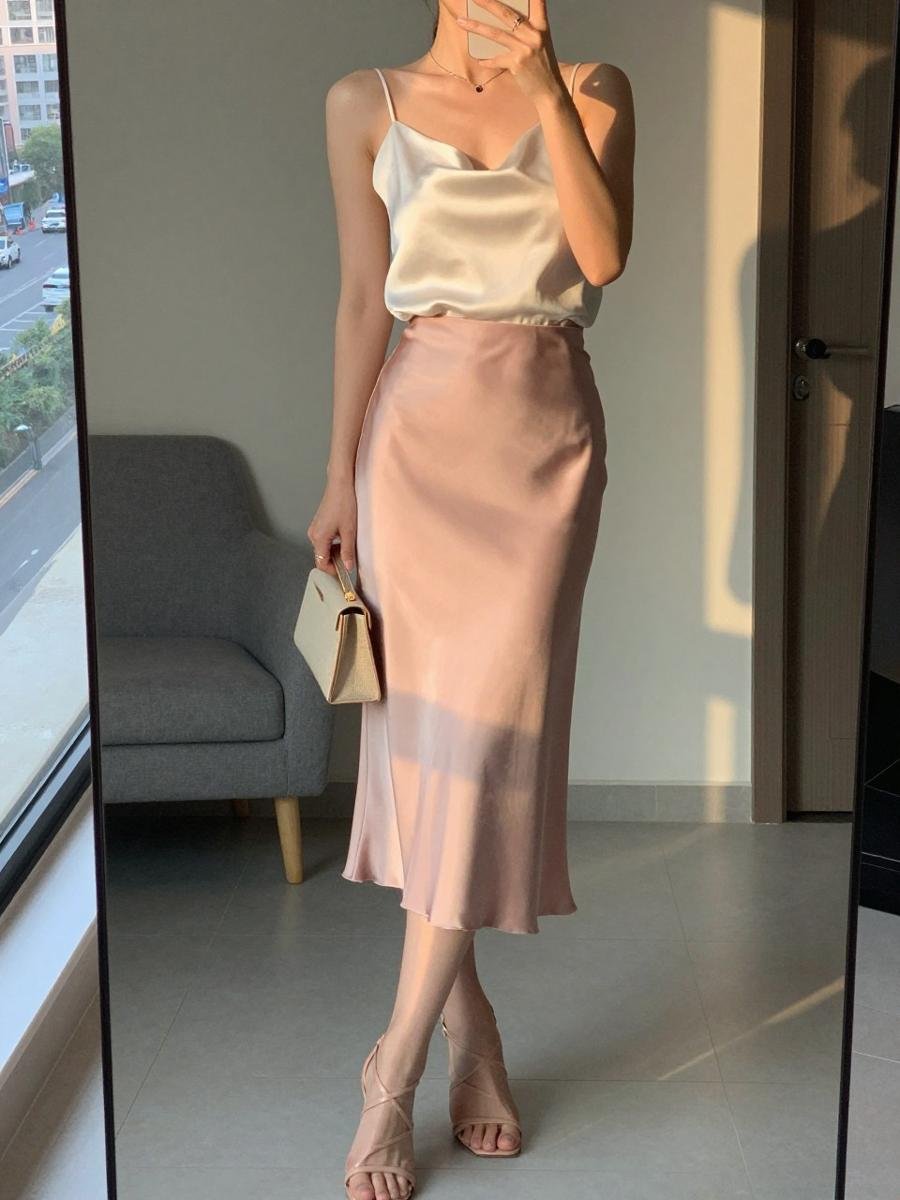 satin midi skirt with silk blouse
