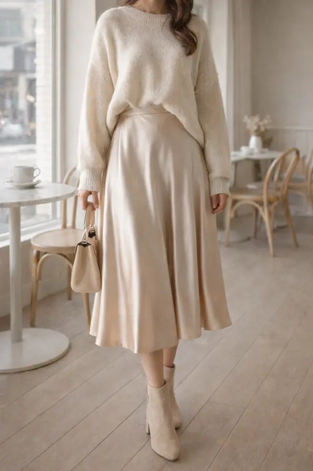 satin midi skirt with fitted sweater