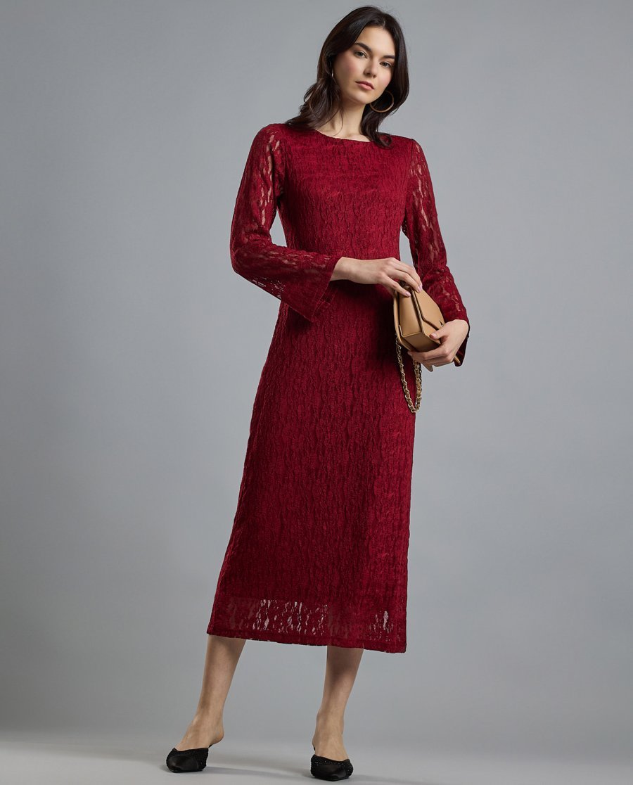 burgundy lace midi dress