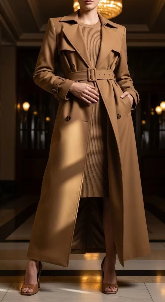 camel coat over party dress