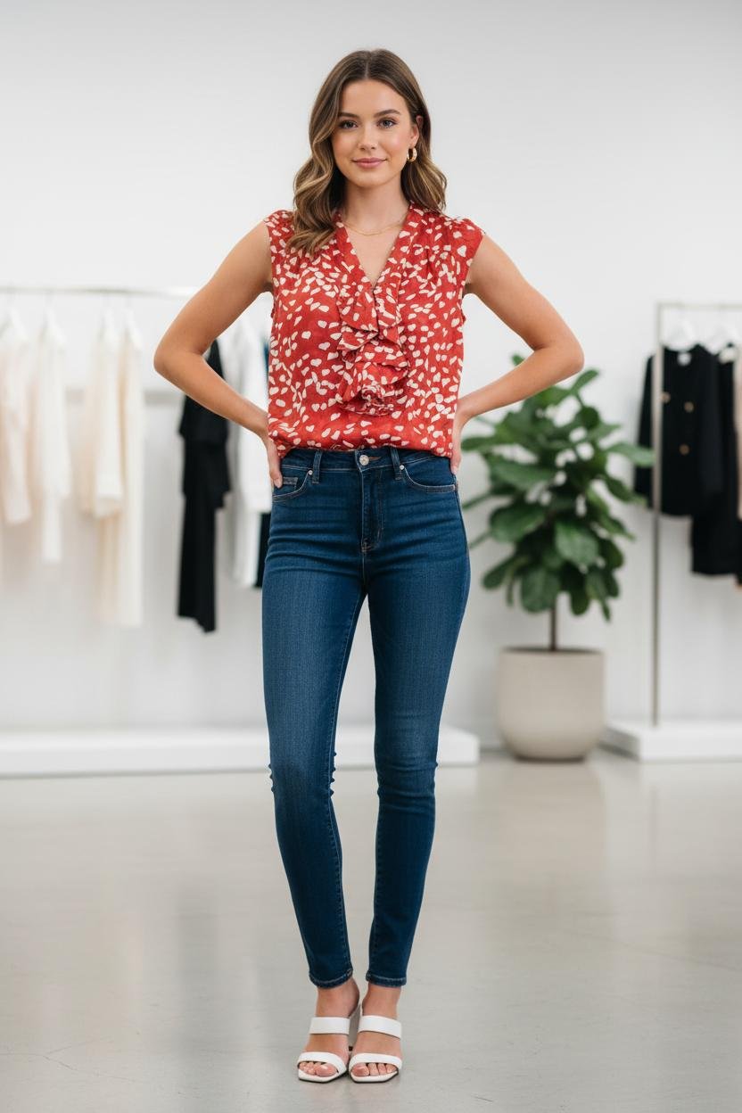 Woman in a red blouse with dark skinny jeans