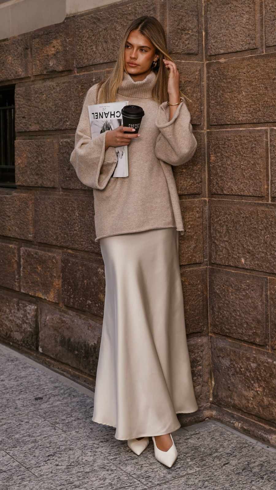 Cashmere turtleneck with satin maxi skirt
