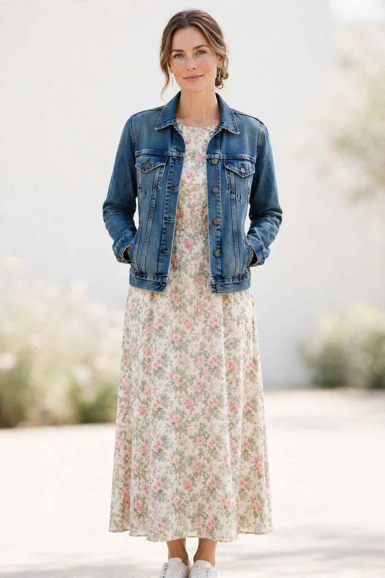 Denim jacket over floral dress