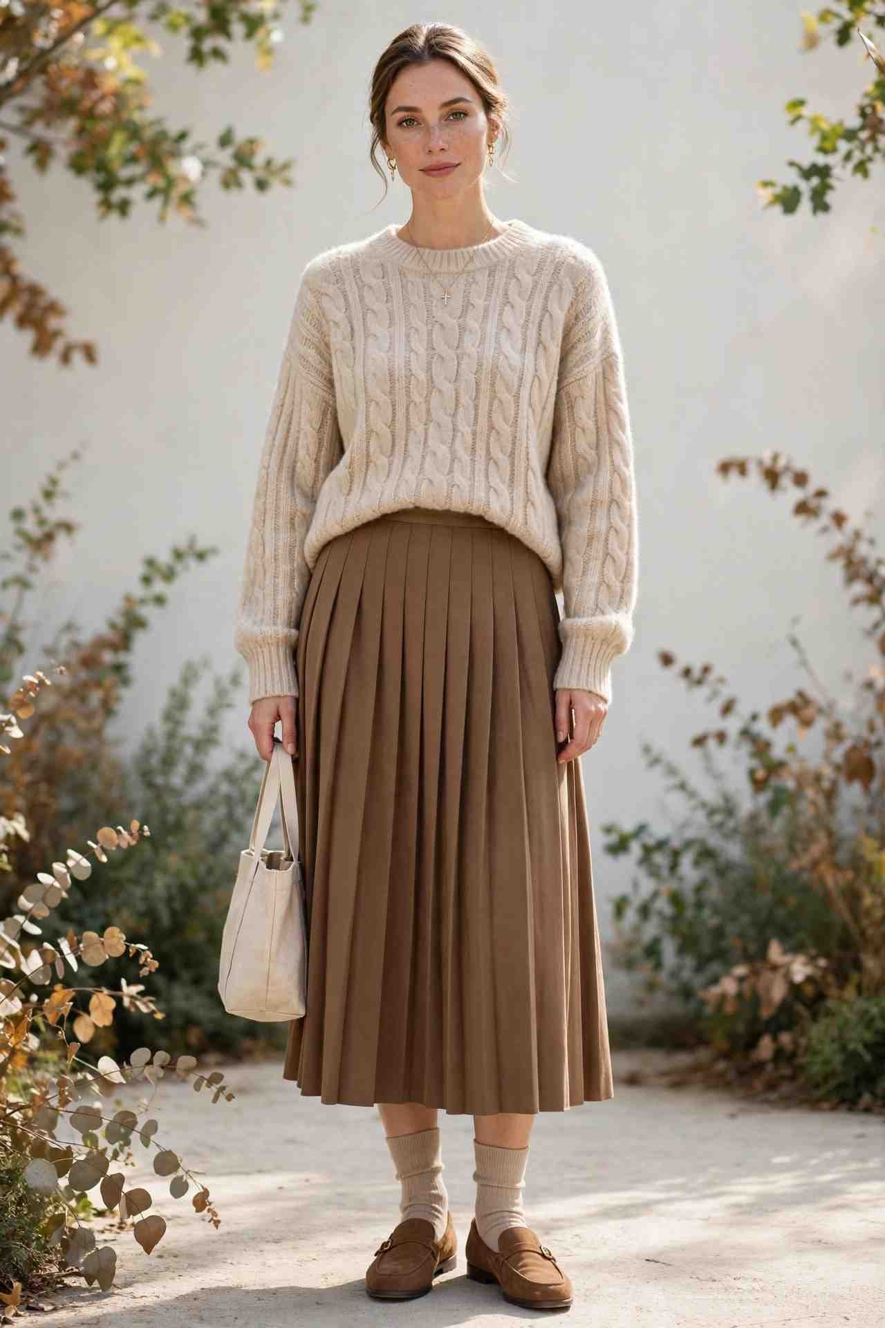 Pleated midi skirt with soft sweater