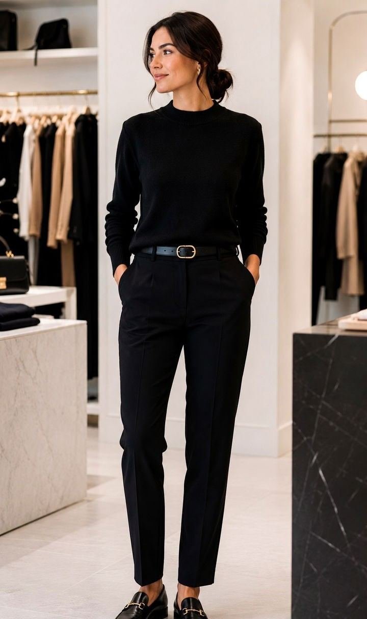 Woman in black fitted turtleneck sweater with tailored trousers