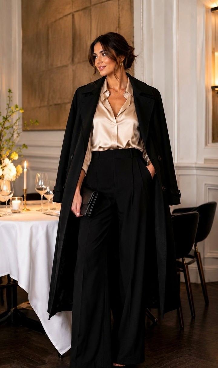 Woman in black trench coat with satin blouse and wide leg pants