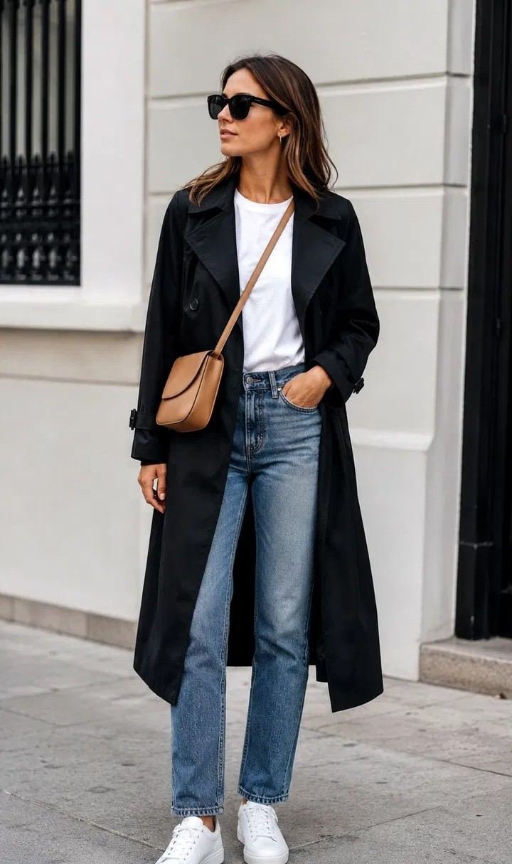 Woman in black trench coat with white t-shirt and mom jeans