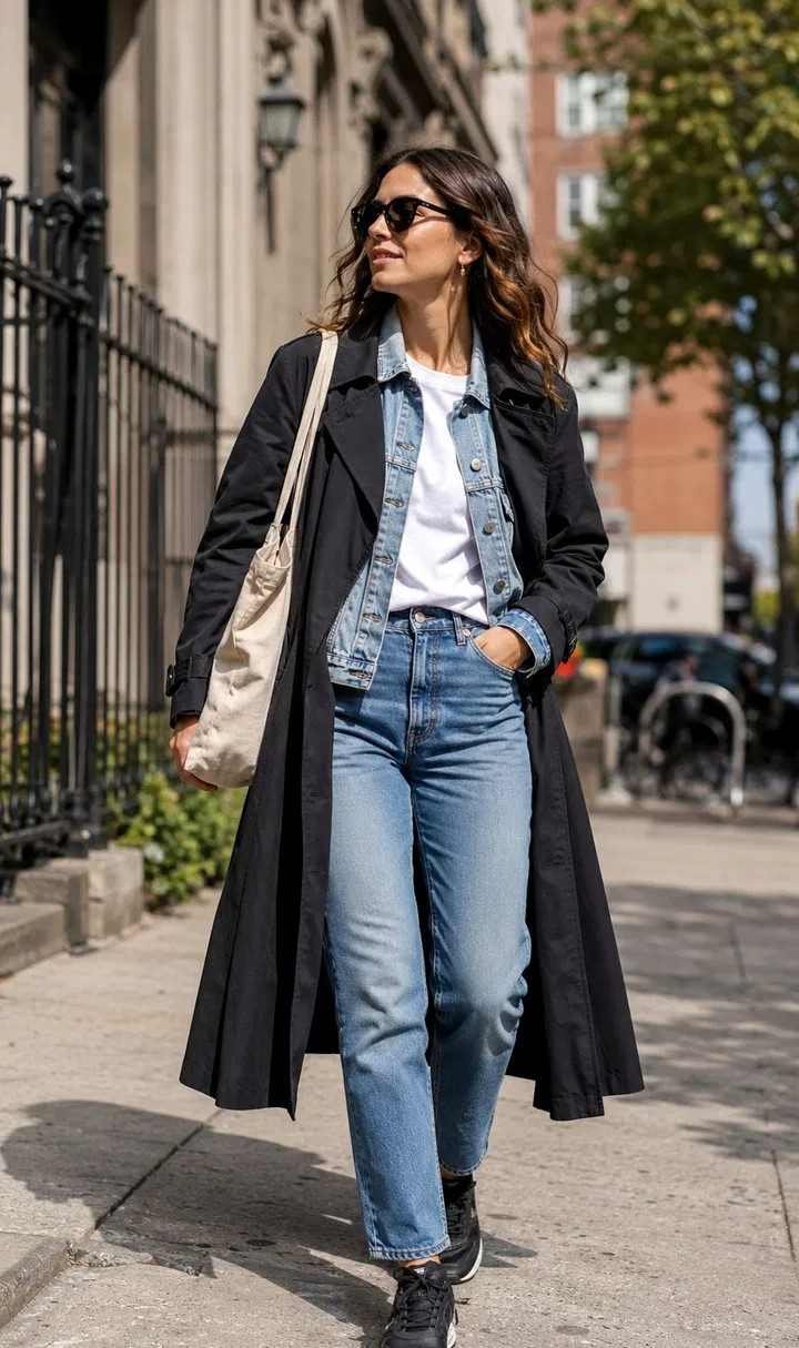 Woman layering a denim jacket under a black trench coat