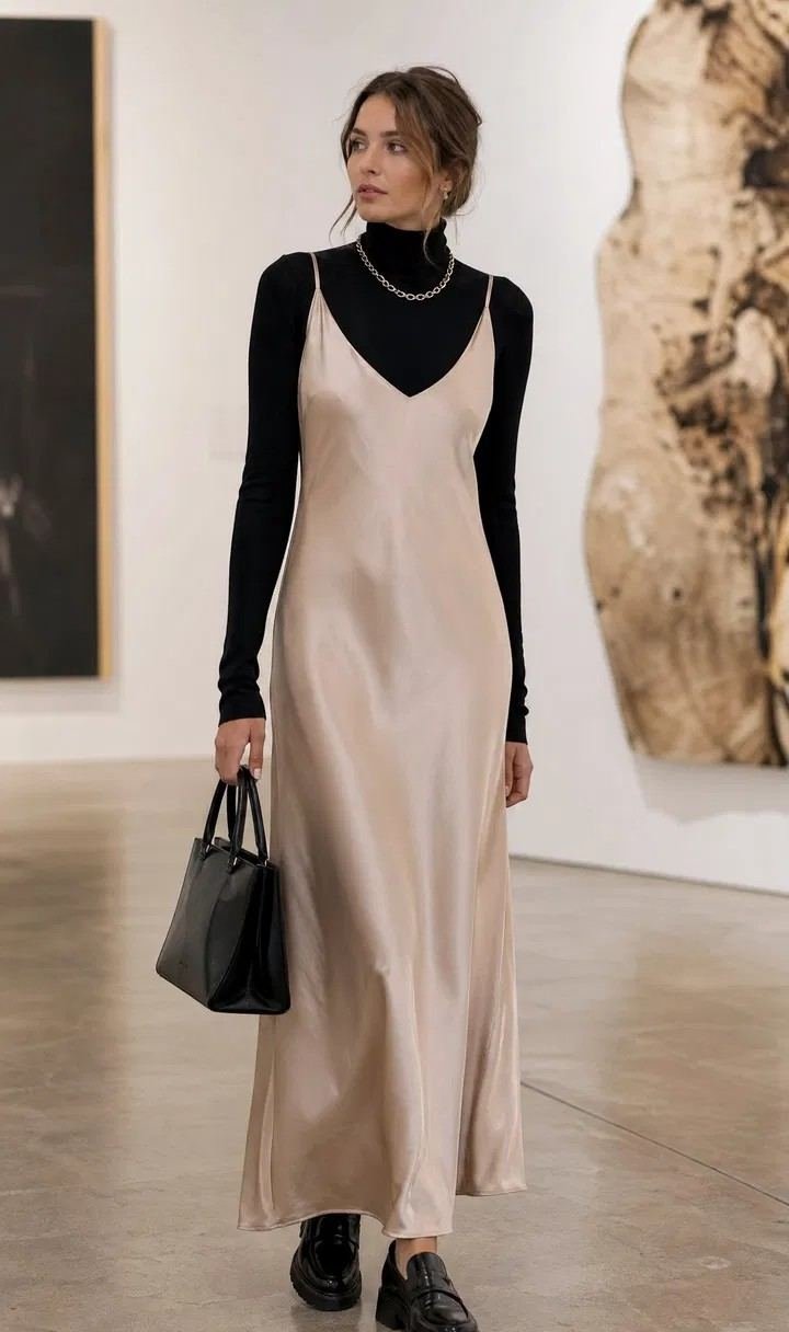 Woman in black trench coat with slip dress layered over turtleneck