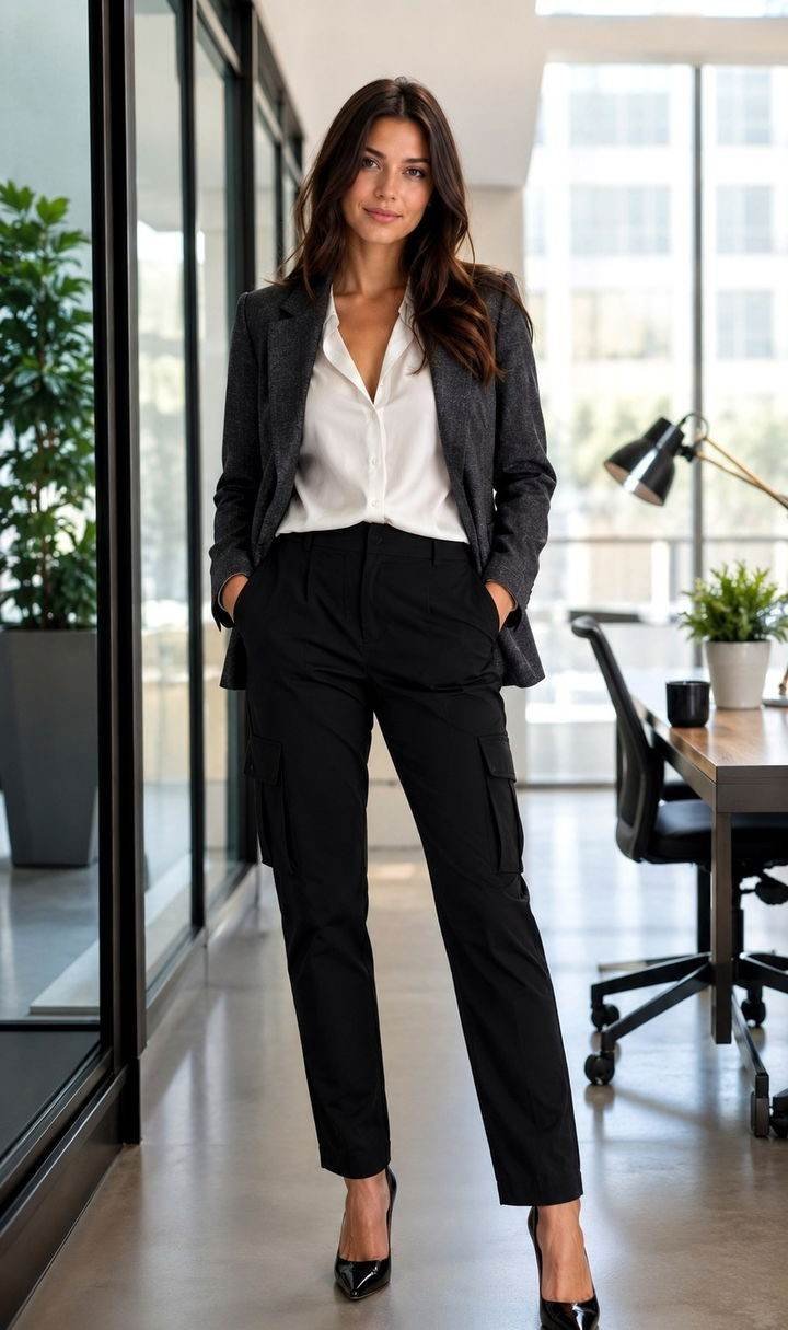 Green cargo pants styled for the office