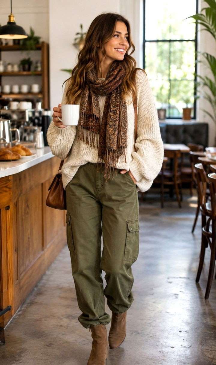 Green cargo pants styled for a festive night out
