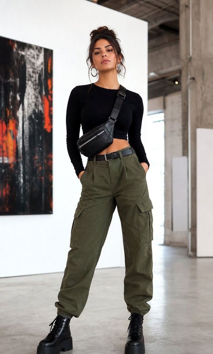 Fitted crop top with high-waisted cargo pants