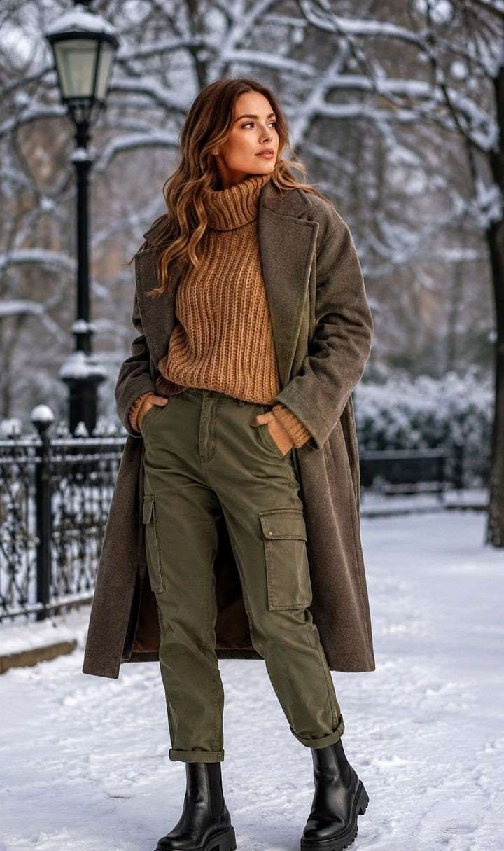 Chunky knit sweater with olive cargo pants and Chelsea boots