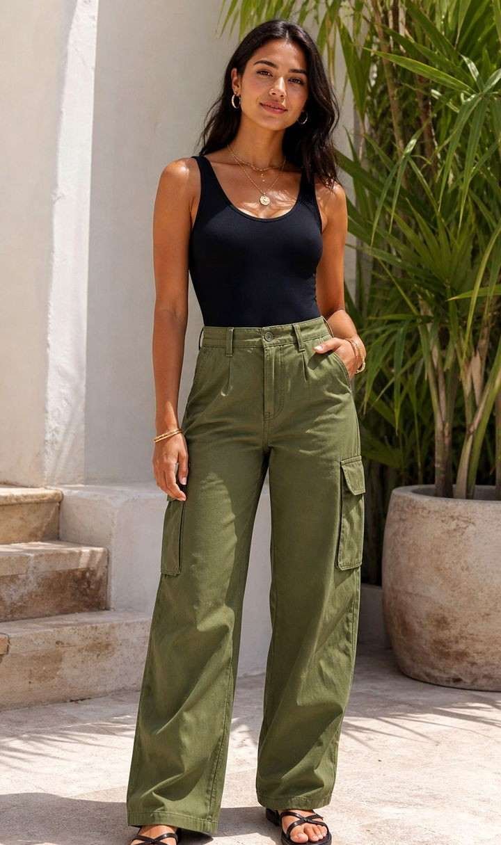 Black bodysuit with cargo pants and heeled sandals