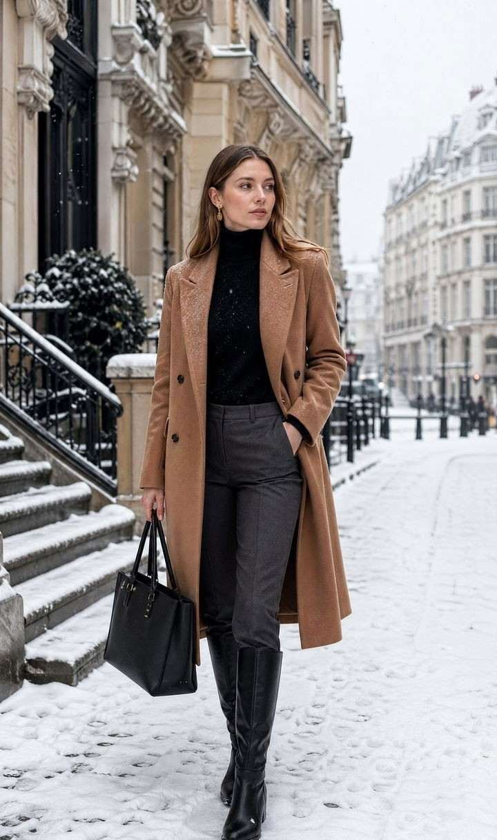 Long wool coat with turtleneck dress and knee high boots