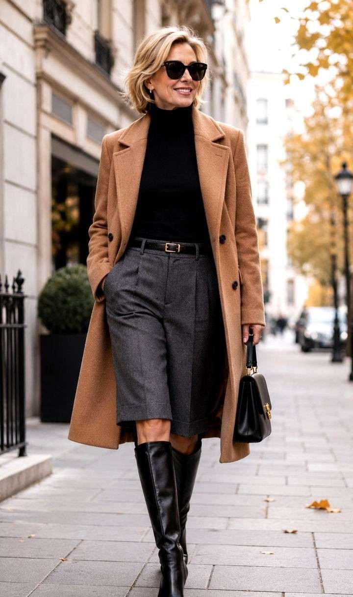 Woman over 40 in black knee high boots and tailored wool coat
