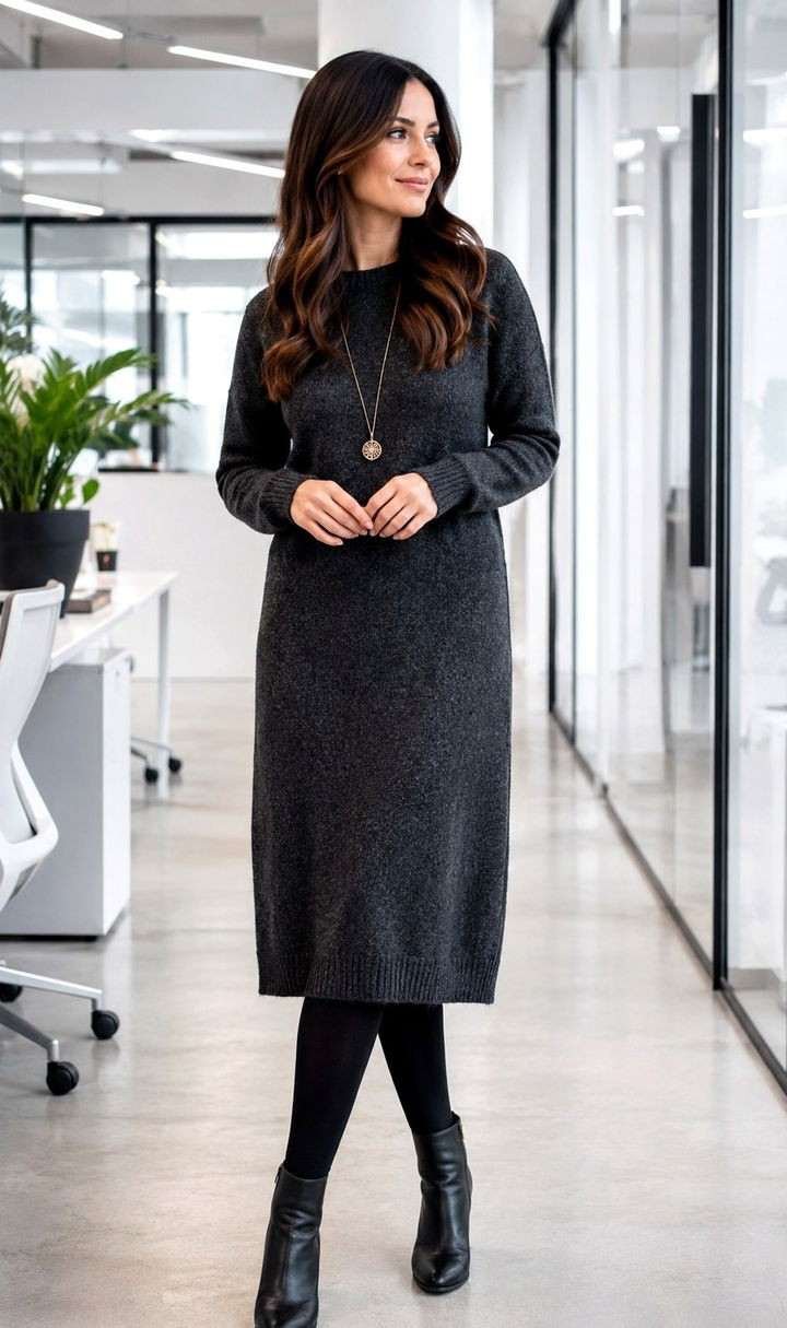 Grey sheath dress with black knee high boots