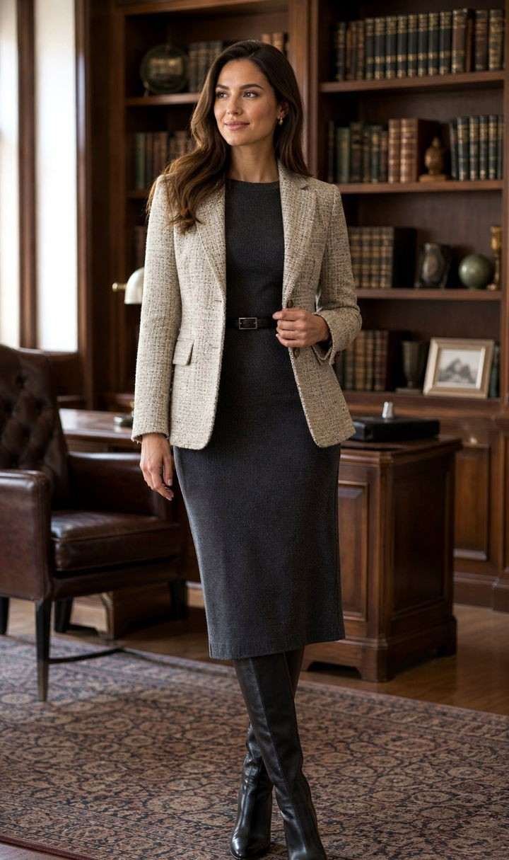 Tweed dress with black knee high boots