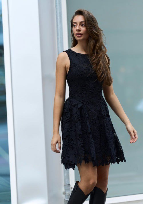 Black lace dress with knee high boots