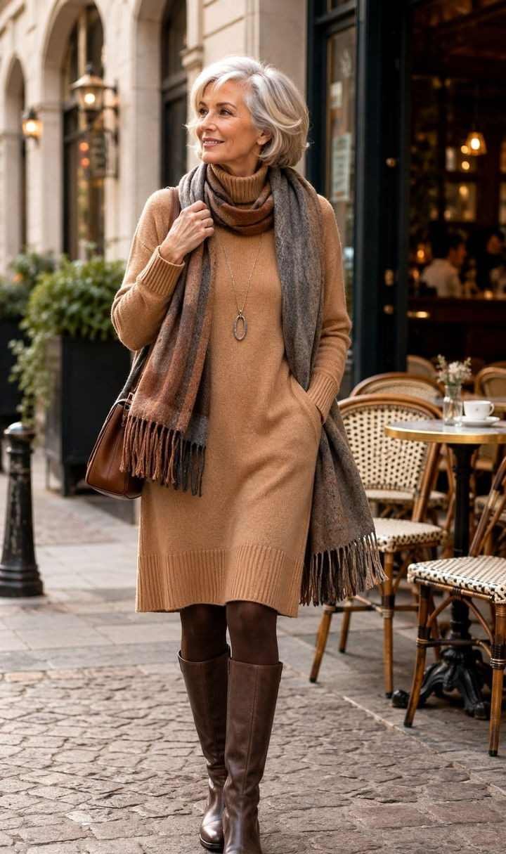 Mature woman in brown knee high boots with dress