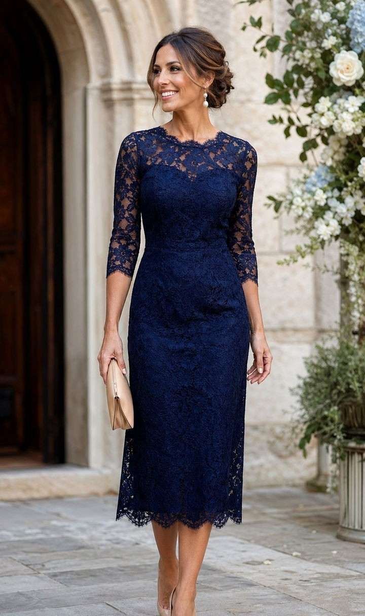 Woman in a dark elegant dress on a city street