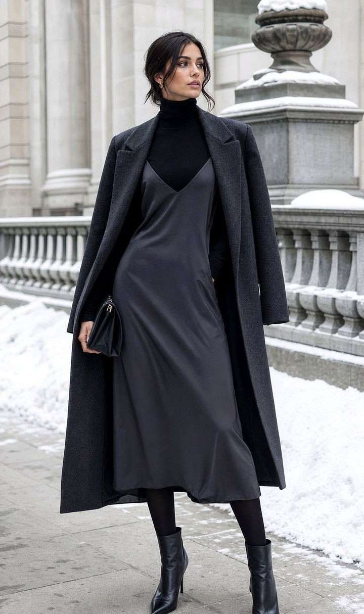 Sweater layered over a slip dress