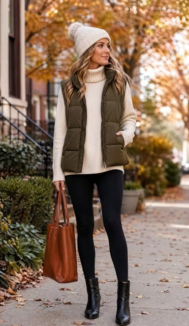 Woman in a puffer vest with sweater and leggings