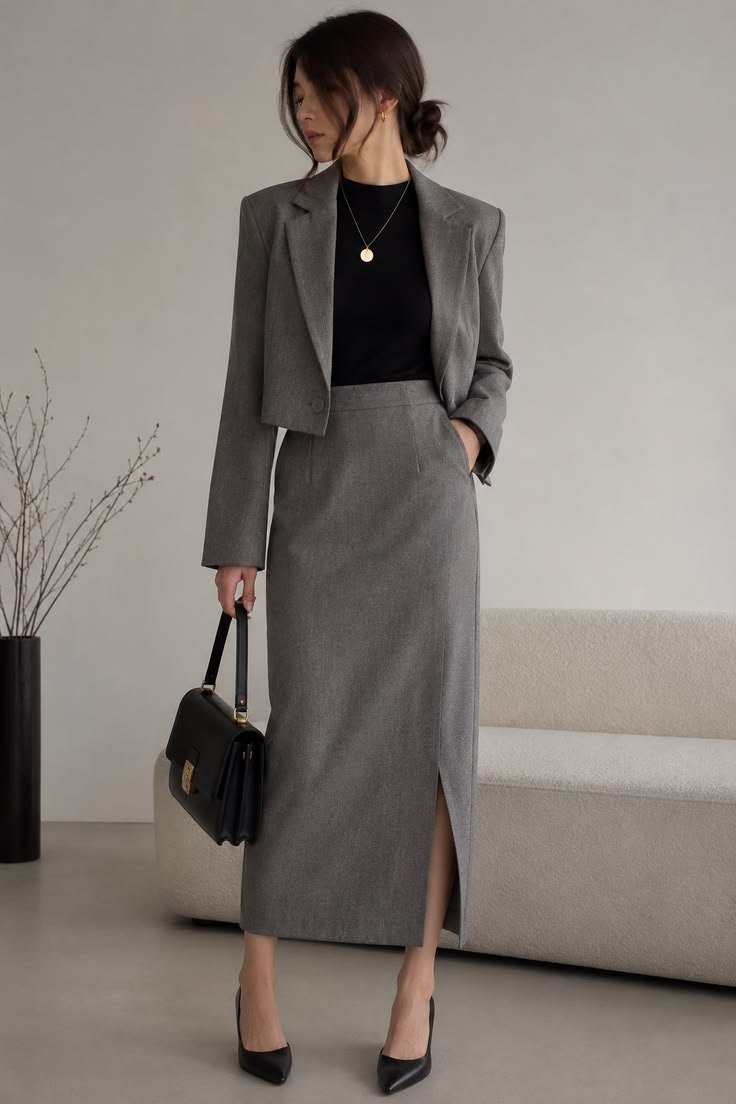 A-line maxi skirt with a tailored blazer for work
