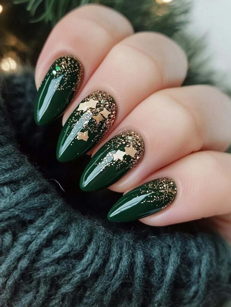 Green glitter holiday winter nails
