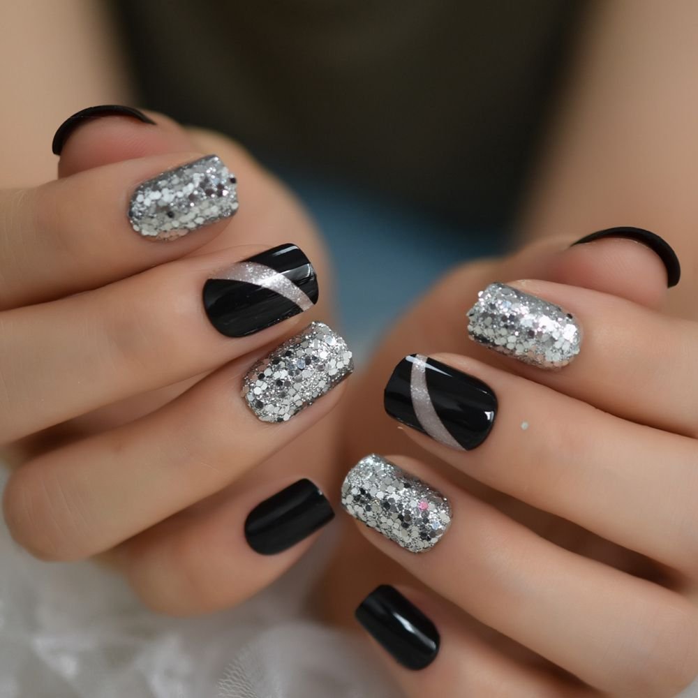 Black and silver glitter mix winter nails