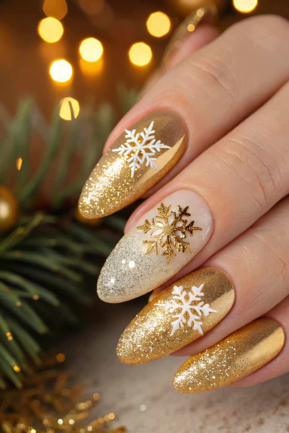 Gold snowflake glitter art winter nails