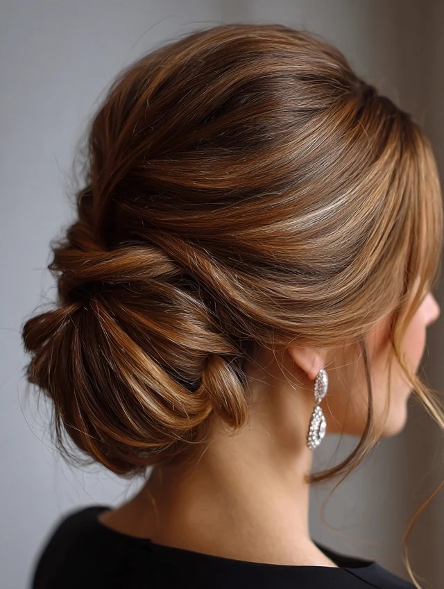 Side-swept chignon for thick hair