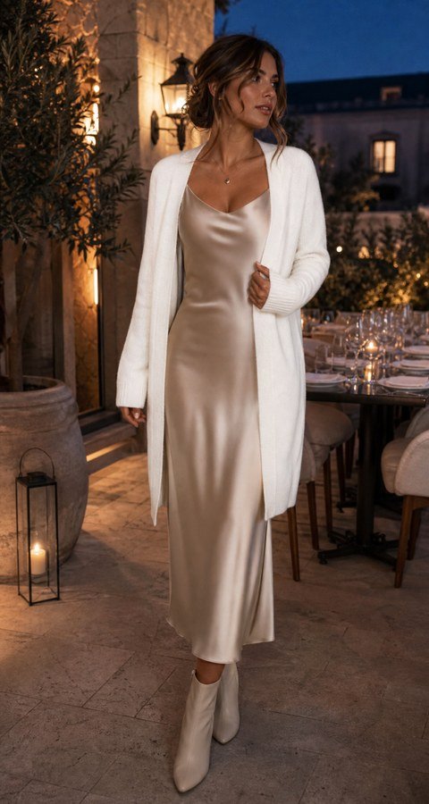 Champagne slip dress cardigan