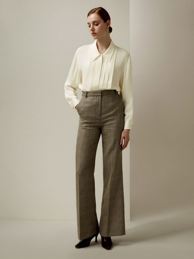 Cream satin blouse plaid trousers