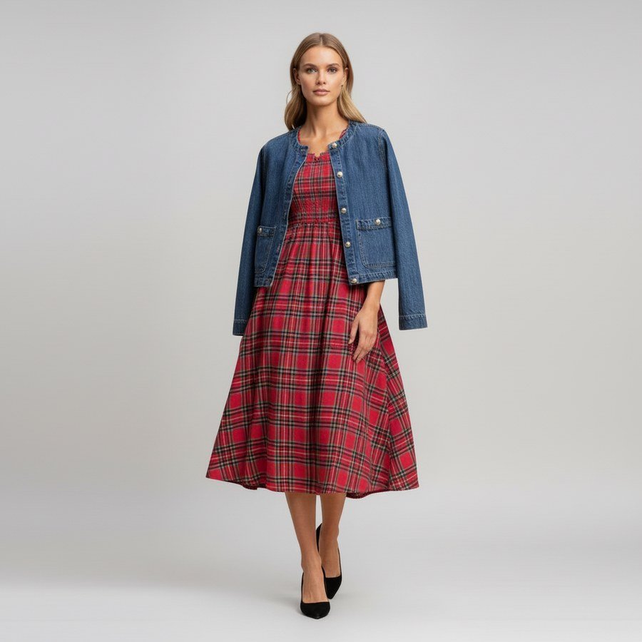 Denim jacket festive midi dress