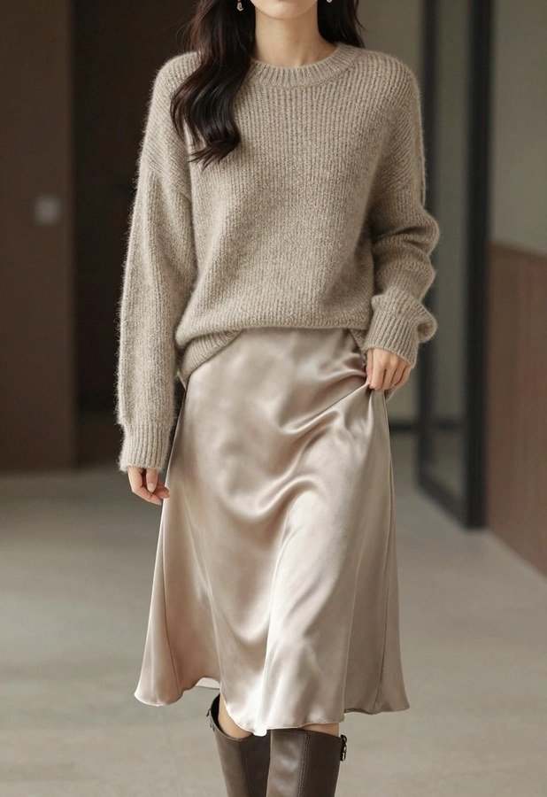 Chunky knit satin midi skirt