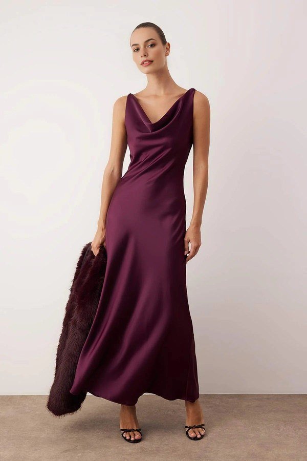 Plum satin slip faux fur stole